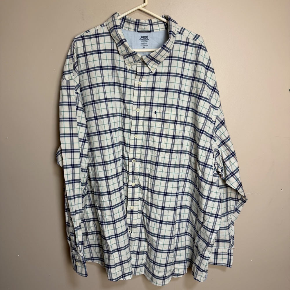 IZOD Saltwater Mens 6XL Plaid Button Down Shirt Navy Teal White Stretch Relaxed
